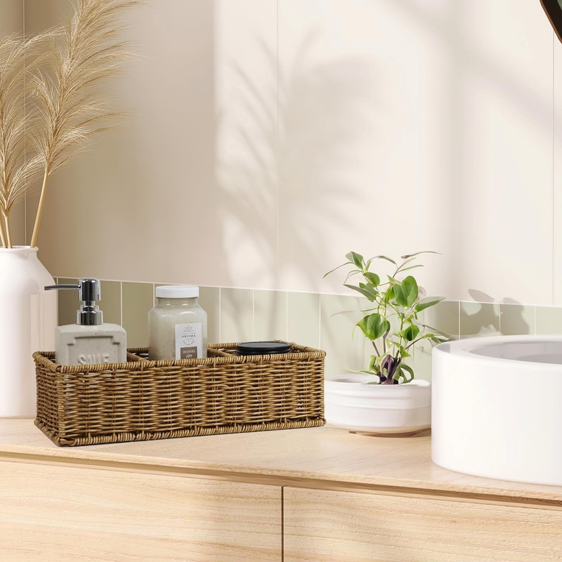 Waterproof Wicker Basket With 3 Compartments, Hand Woven Bathroom Counter Org... gallery