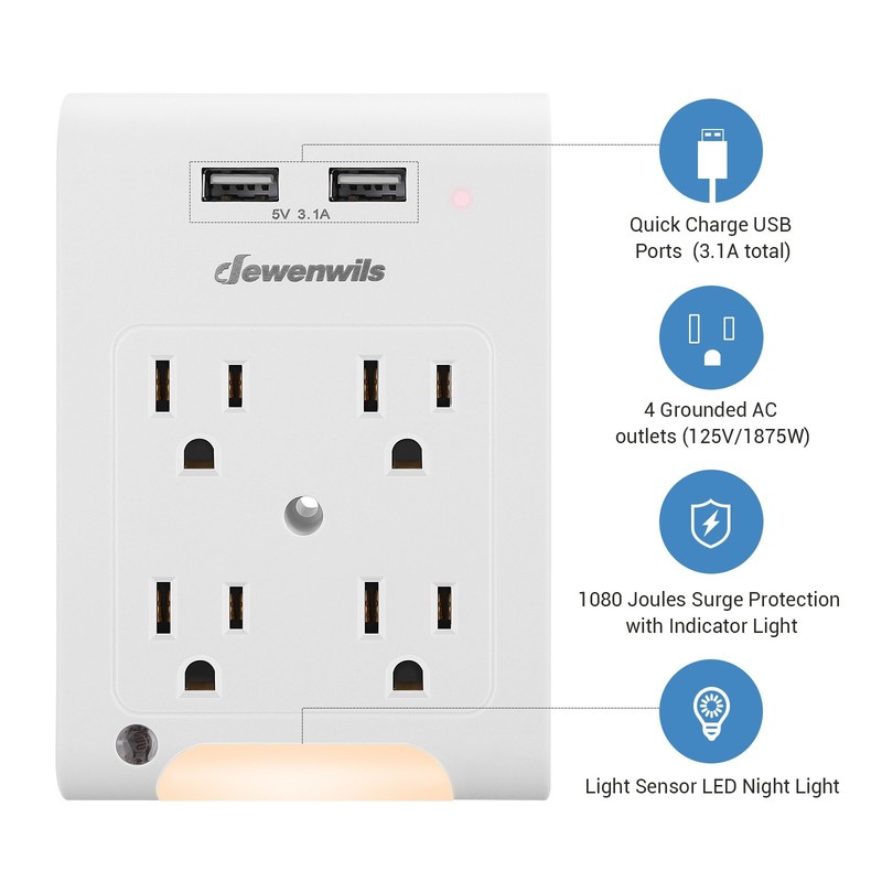 DEWENWILS Multi Wall Plug Outlet Adapter w/ 2 USB Ports Light Sensor Night Light gallery