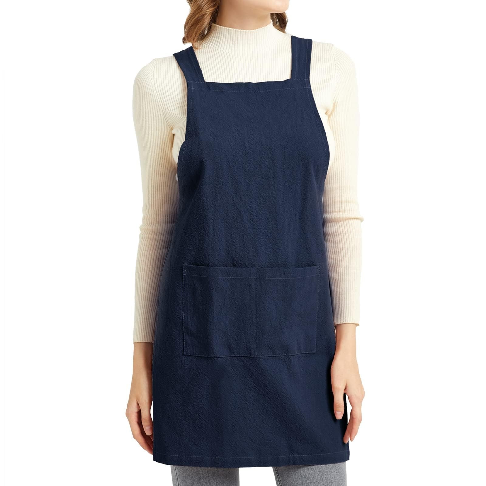 Aprons for Women with Pockets Plus Size Comfort Cross Back No Tie Cotton Line... gallery