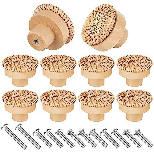 Boho Rattan Cabinet Knobs Natural Wood Drawer Pulls Original Wood Color (10 pcs)