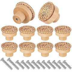 Boho Rattan Cabinet Knobs Natural Wood Drawer Pulls Original Wood Color (10 pcs)
