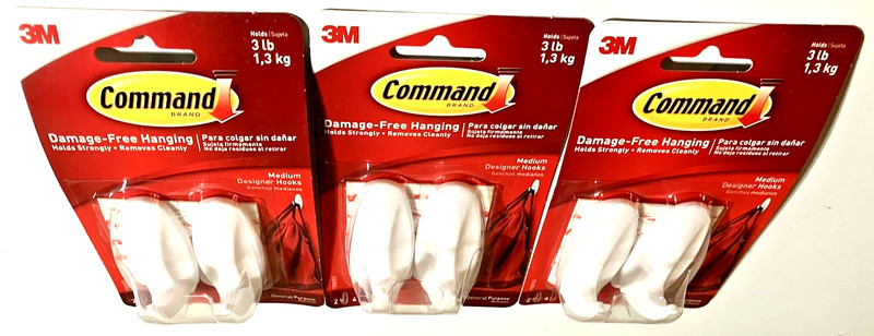 3M Command ~MEDIUM DESIGNER HOOKS~ 17081ES ~Lot Of 3~ WHITE ~ 3 lb Capacity ~NEW gallery