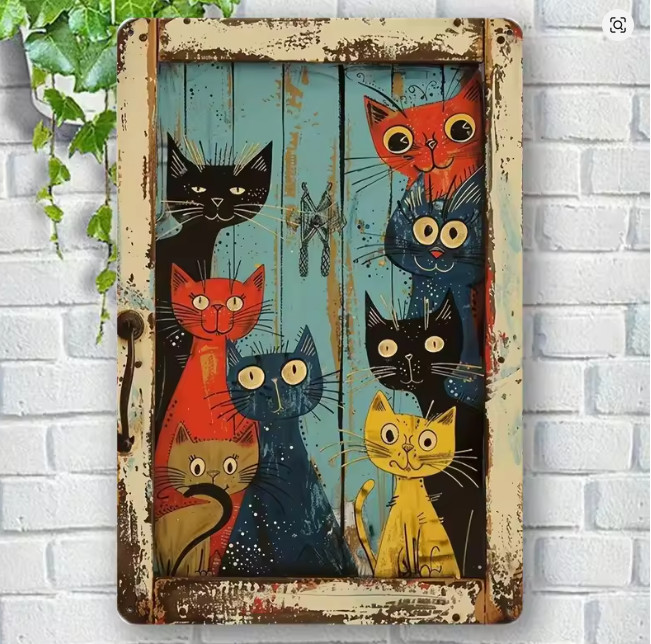 Unique Rustic Vintage Whimsical Mischievous Cats Metal Wall Sign Art 8x12 2D