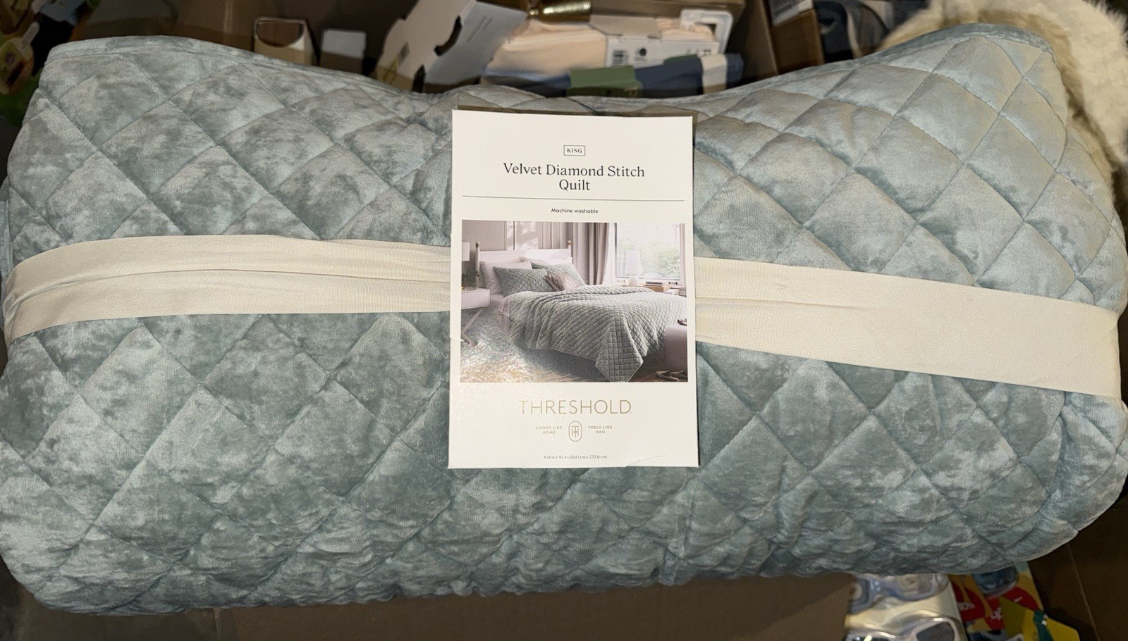 Threshold king Velvet Quilt Diamond Stitch Light Teal Green NWT gallery