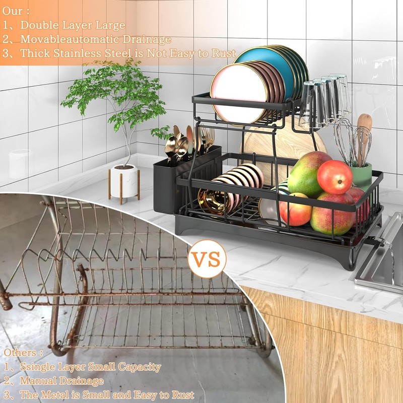 2-Tier Auto-Drain Dish Drying Rack with Mat, Knife Cup Holder, Rustproof Kitchen gallery