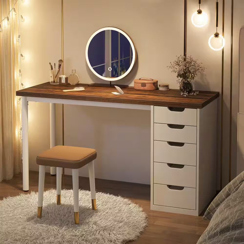Helotes 47 In. Gray and Black Makeup Vanity Desk with 5-Drawers, Chic Makeup Des gallery