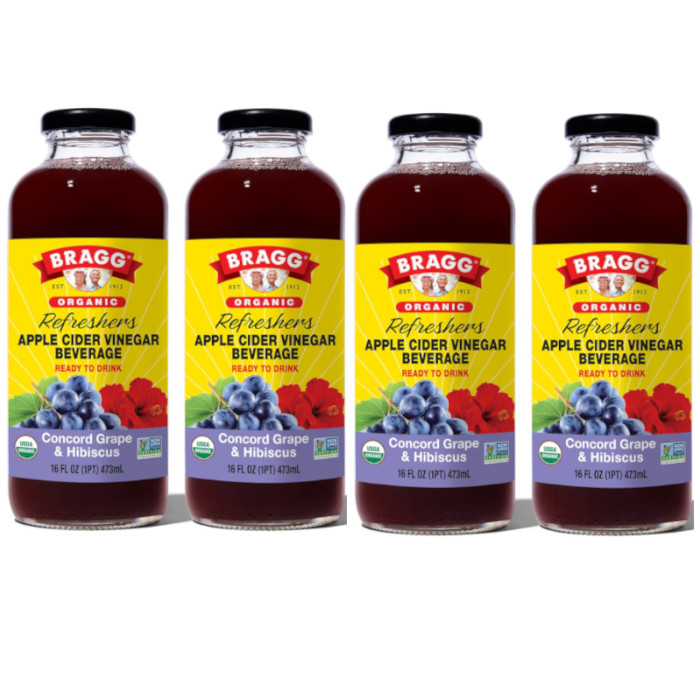 Bragg Apple Cider Vinegar Refreshers Concord Grape & Hibiscus 16 fl.oz (4 Packs)