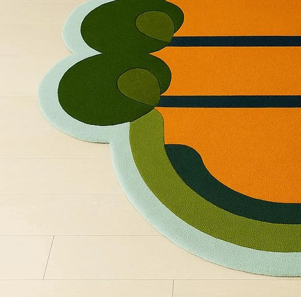 Handmade Tufted Wool Rug: Retro Orange Green Abstract Oval gallery