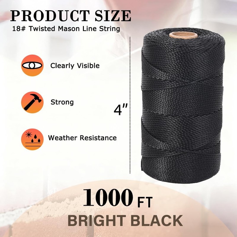 Mason Line String, 1000ft 18 UV-Resistant Black Nylon String, 1.3mm Thick Dur... gallery
