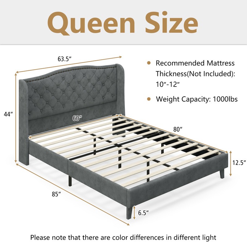 Queen Upholstered Platform Bed Frame W/ Button Tufted Headboard Noise-free gallery