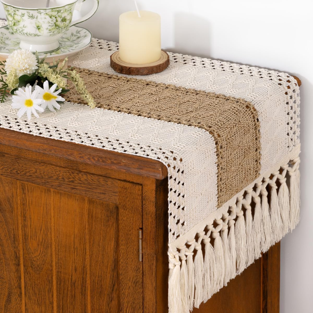 Boho Table Runner Fall Thanksgiving Farmhouse Rustic Dining Kitchen Centerpiece gallery