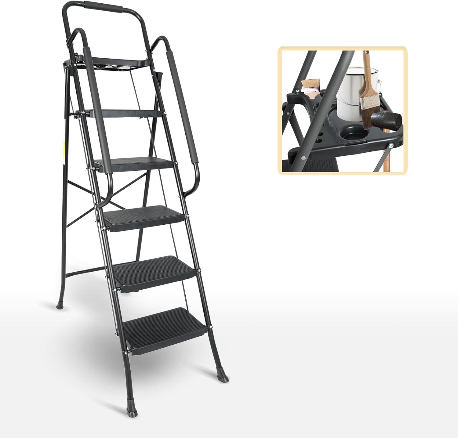 5 Step Non-Slip Stool Ladder with Handrails 330 lbs folding Tool Tray Platform gallery