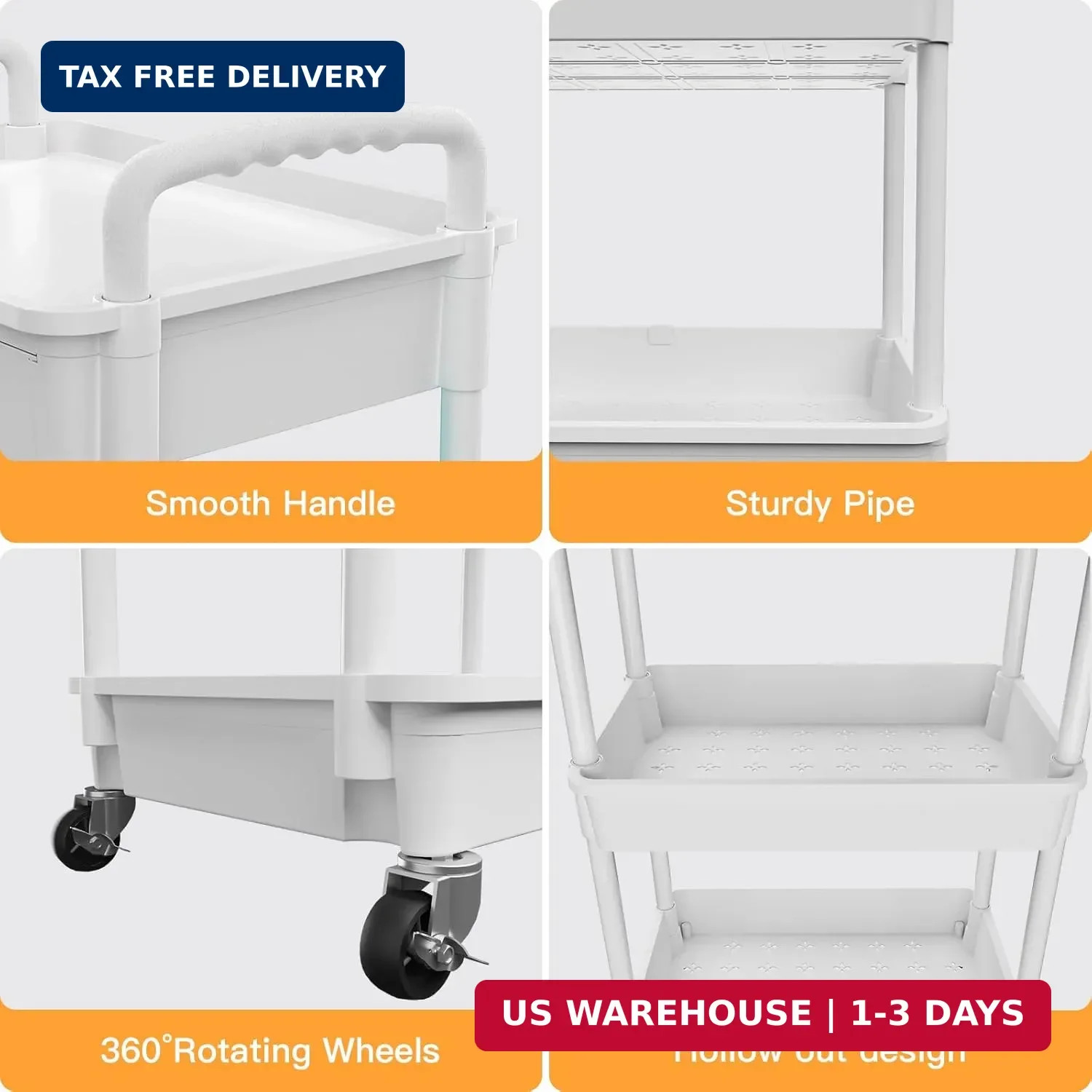 3 Tier Rolling Utility Cart with Drawer, Utility Cart Made of Multifunctional St gallery