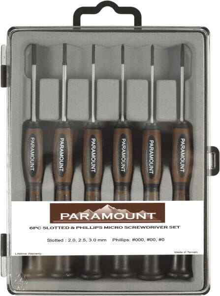 Paramount 6-Piece Screwdriver Set: #000, #00, #0 Phillips & 2, 2.5, 3mm Slotted
