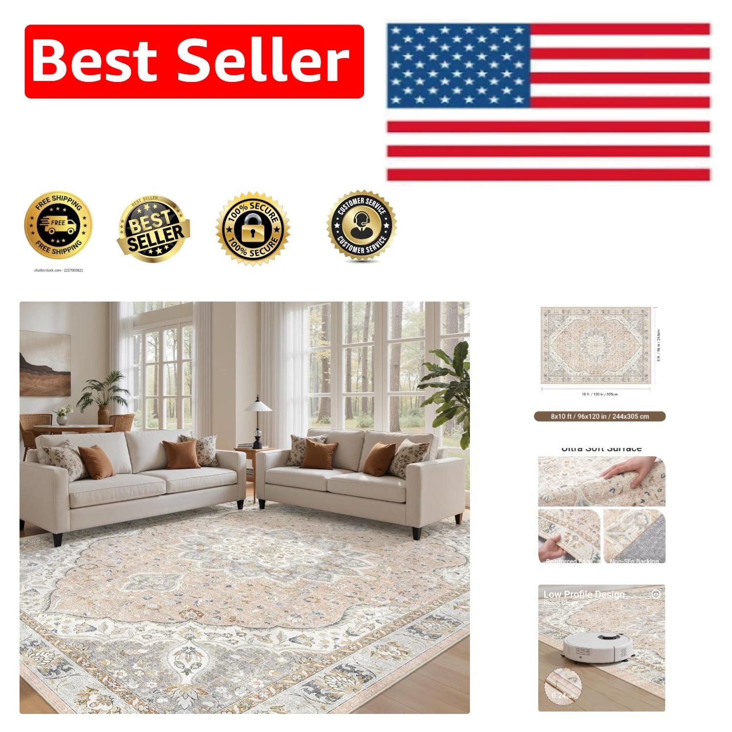 Machine Washable 8' x 10' Area Rug - Stain Resistant with Stylish Floral Pattern gallery