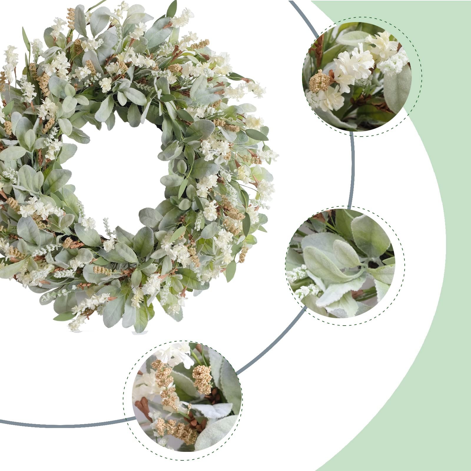 24 Inch Summer Spring Ivory Flowers Wreath for Front Door, Everyday Lamb Ears gallery