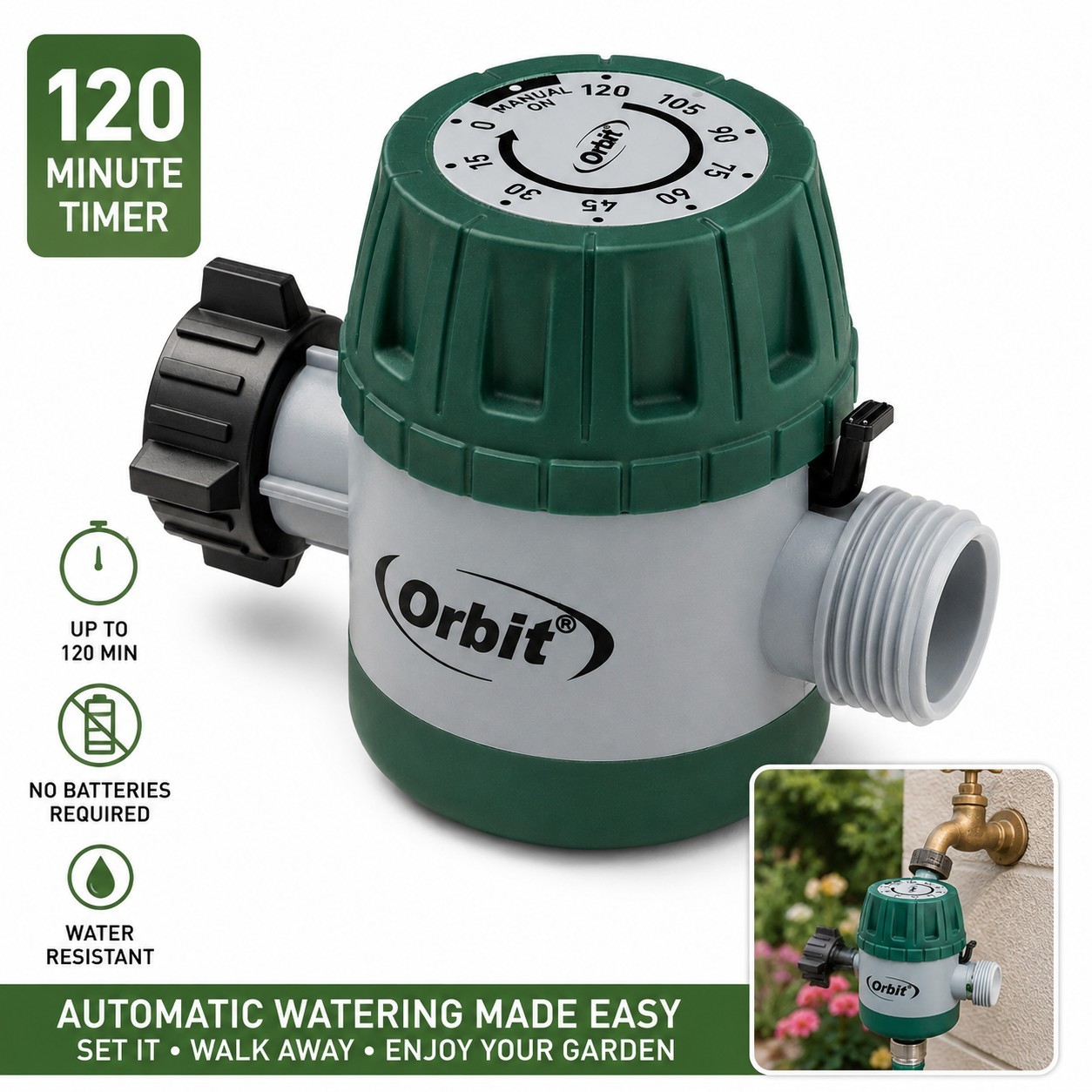 120 Min Mechanical Water Timer Orbit Garden Hose Irrigation Faucet Auto Shut Off gallery
