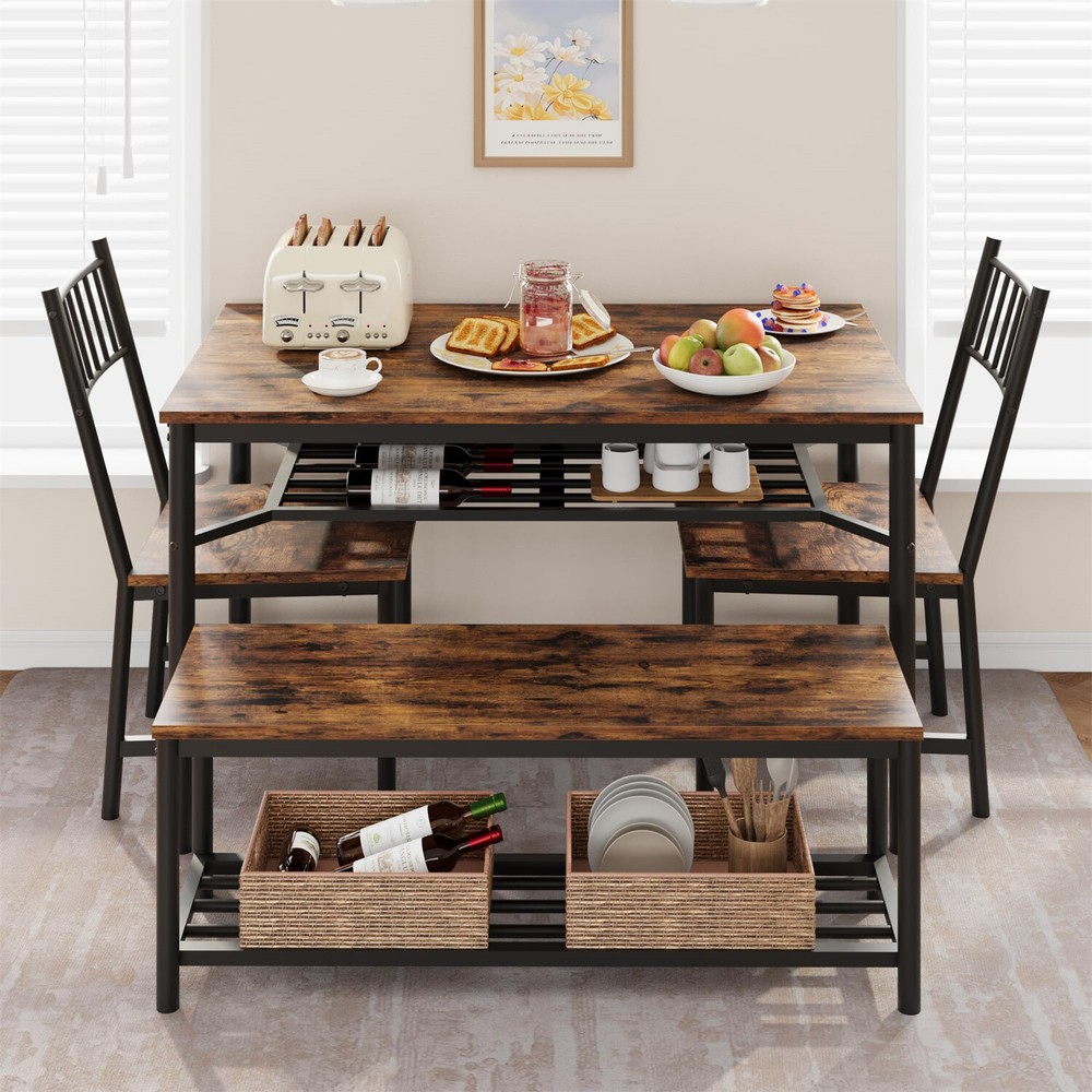 💯💹Kitchen Table and 2 Chairs with Storage Bench Dining Table Set for 4 Dining