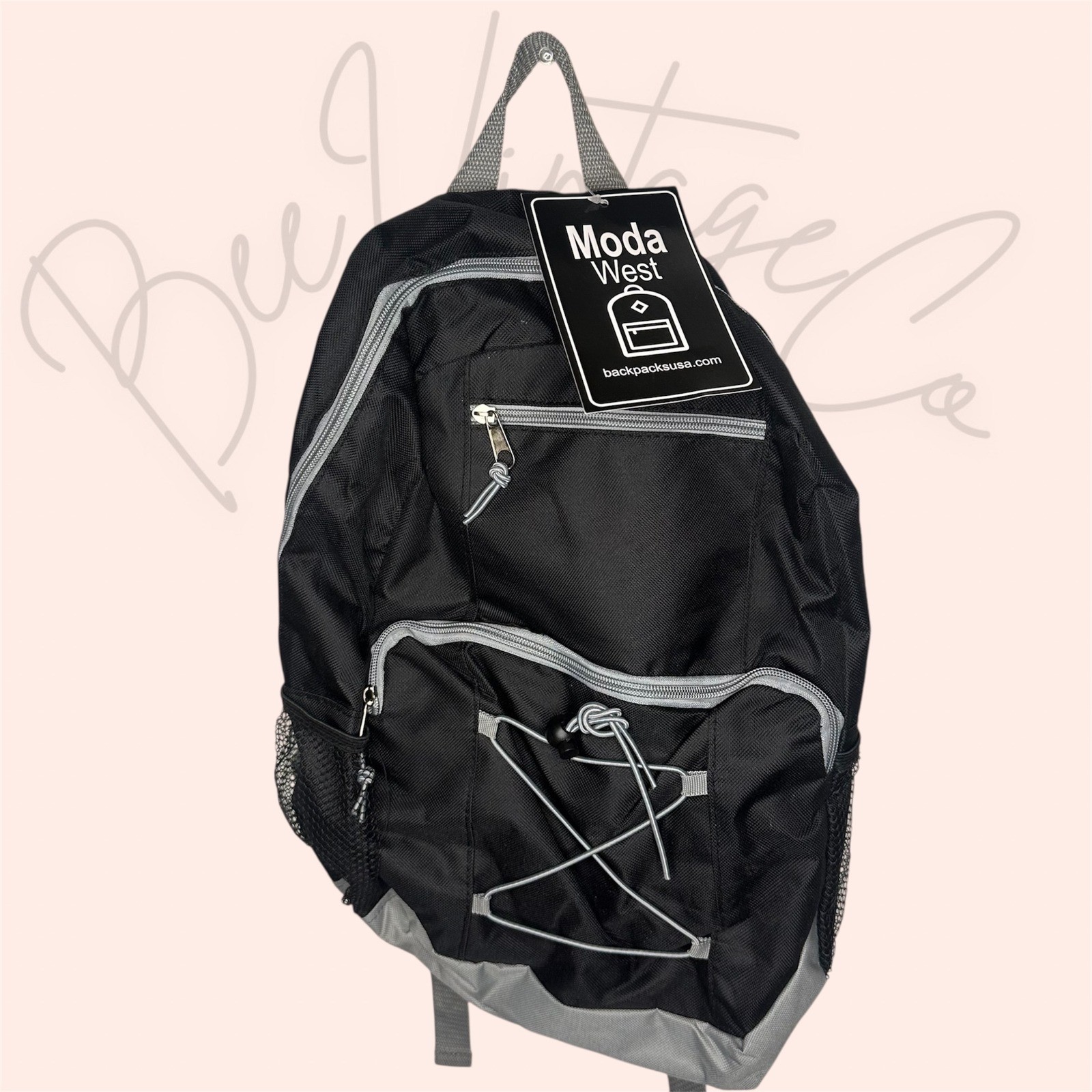 NWT Moda West Black Backpack with Bungee Cord & Mesh Pockets - New