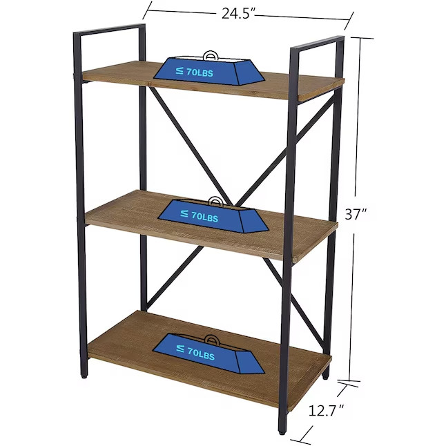Black Metal 3 Tier Wood Shelf Bookcase ( 12.7-in W x 37-in H x 24.5-in D) gallery