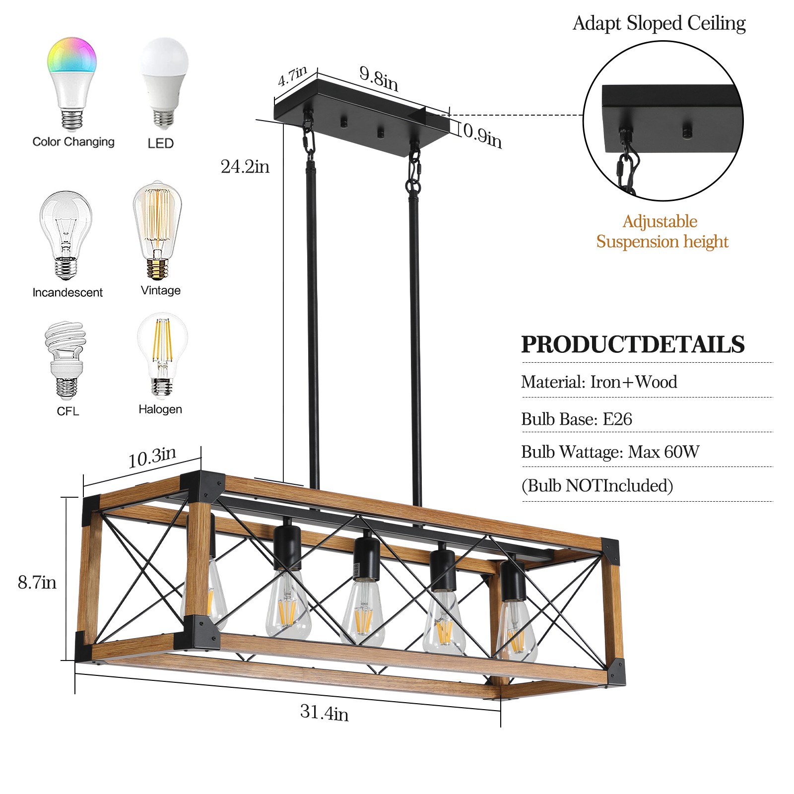 32" Solid Wood Pendant Light Farmhouse Chandelier Walnut Hanging Lamp Fixtures gallery