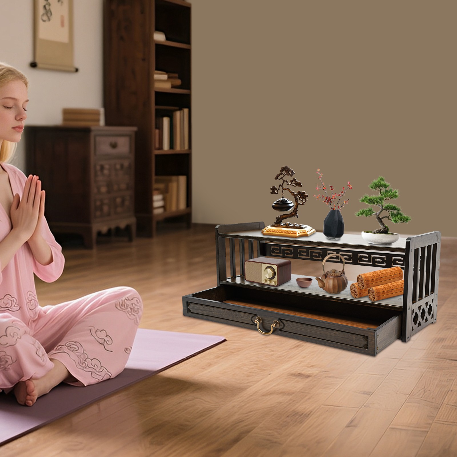 Meditation Storage Table Walnut Color Altar Table with Drawer, Desktop Organizer gallery