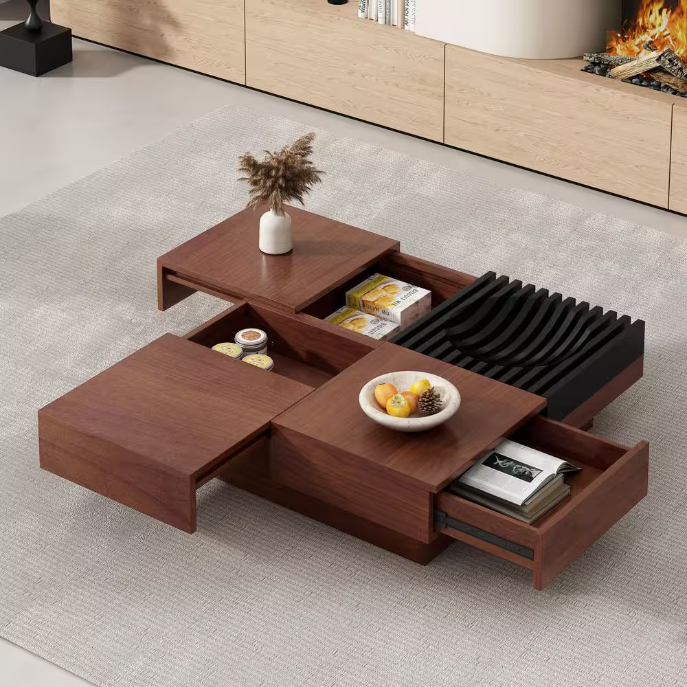 Retro 35 In. Brown and Black Square Acacia Wood Coffee Table with Storage gallery