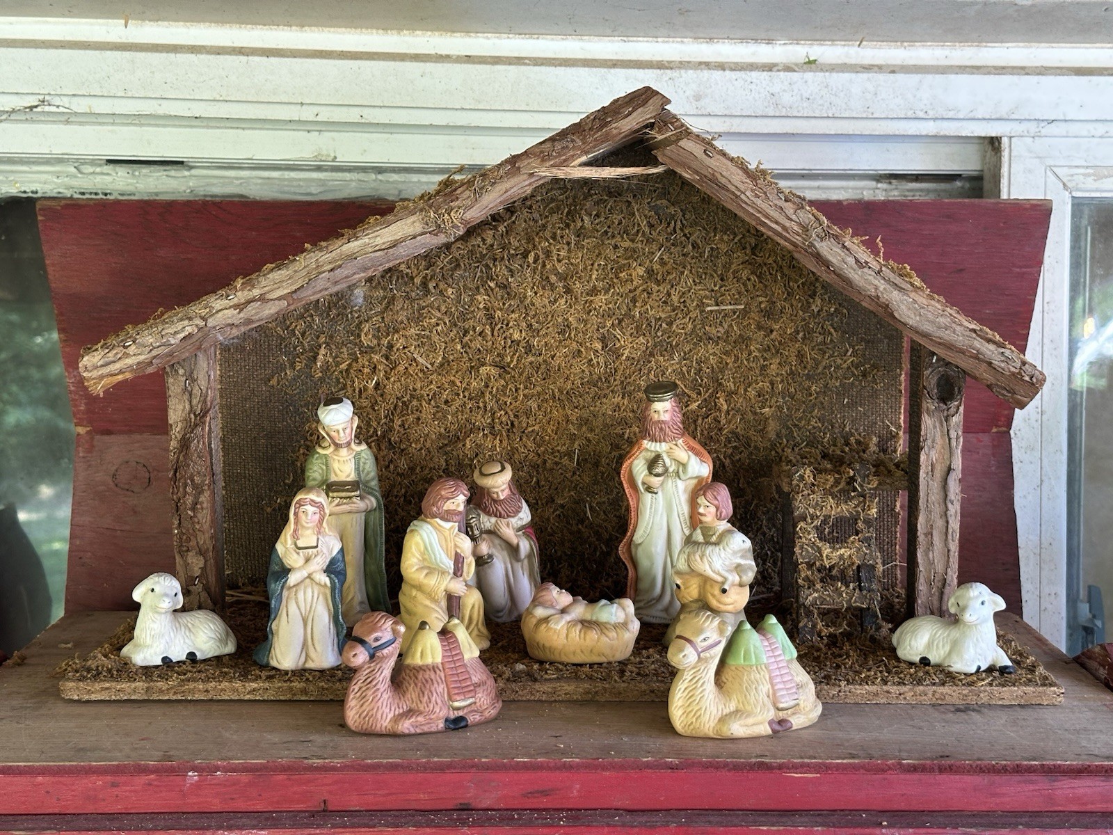 Ceramic Christmas Nativity Figurine Set w/ Wooden Stable W/ Original Box gallery