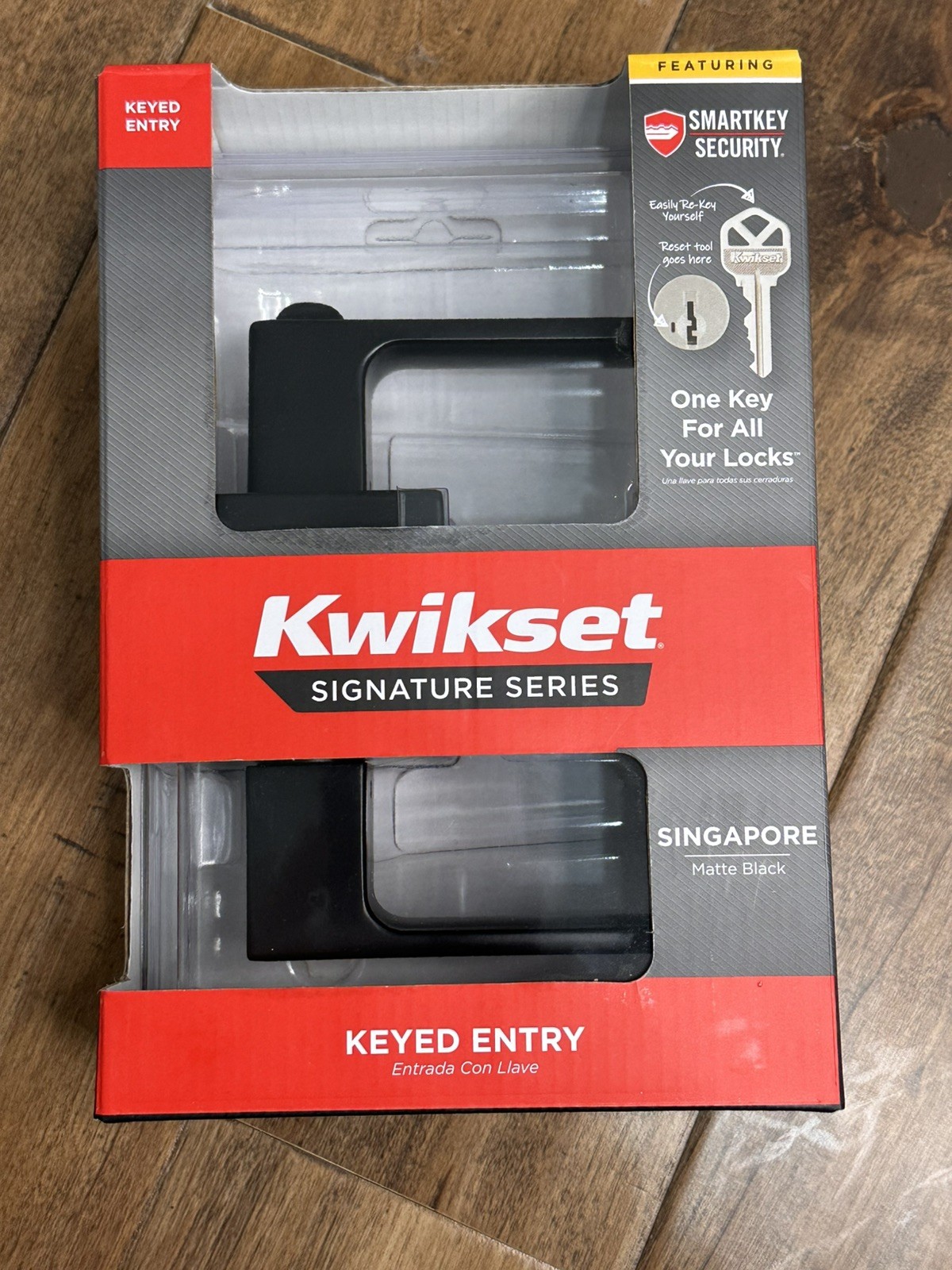 Kwikset Singapore Rectangular Keyed SmartKey Entry Door Handle in Matte Black gallery
