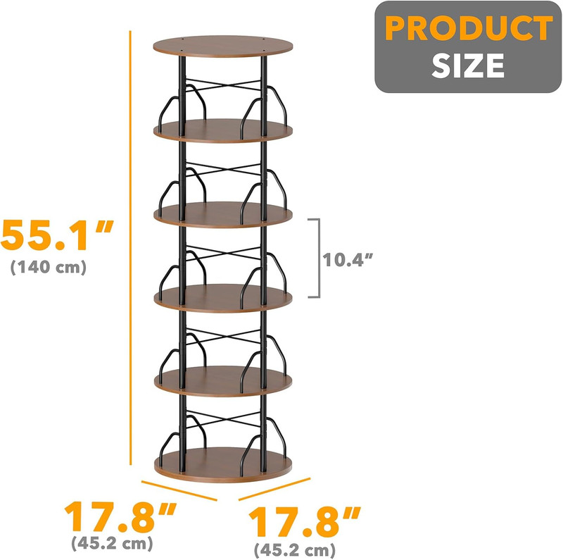 5-Tier Rotating Bookshelf Tower - Space-Saving Swivel Organizer in Brown Wood gallery