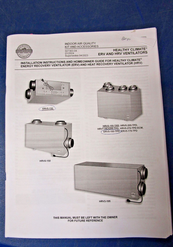 HEALTHY CLIMATE VENTILATION SYSTEM - MODEL ERV5-150-TPD-01 / #17Y55 - NEW gallery