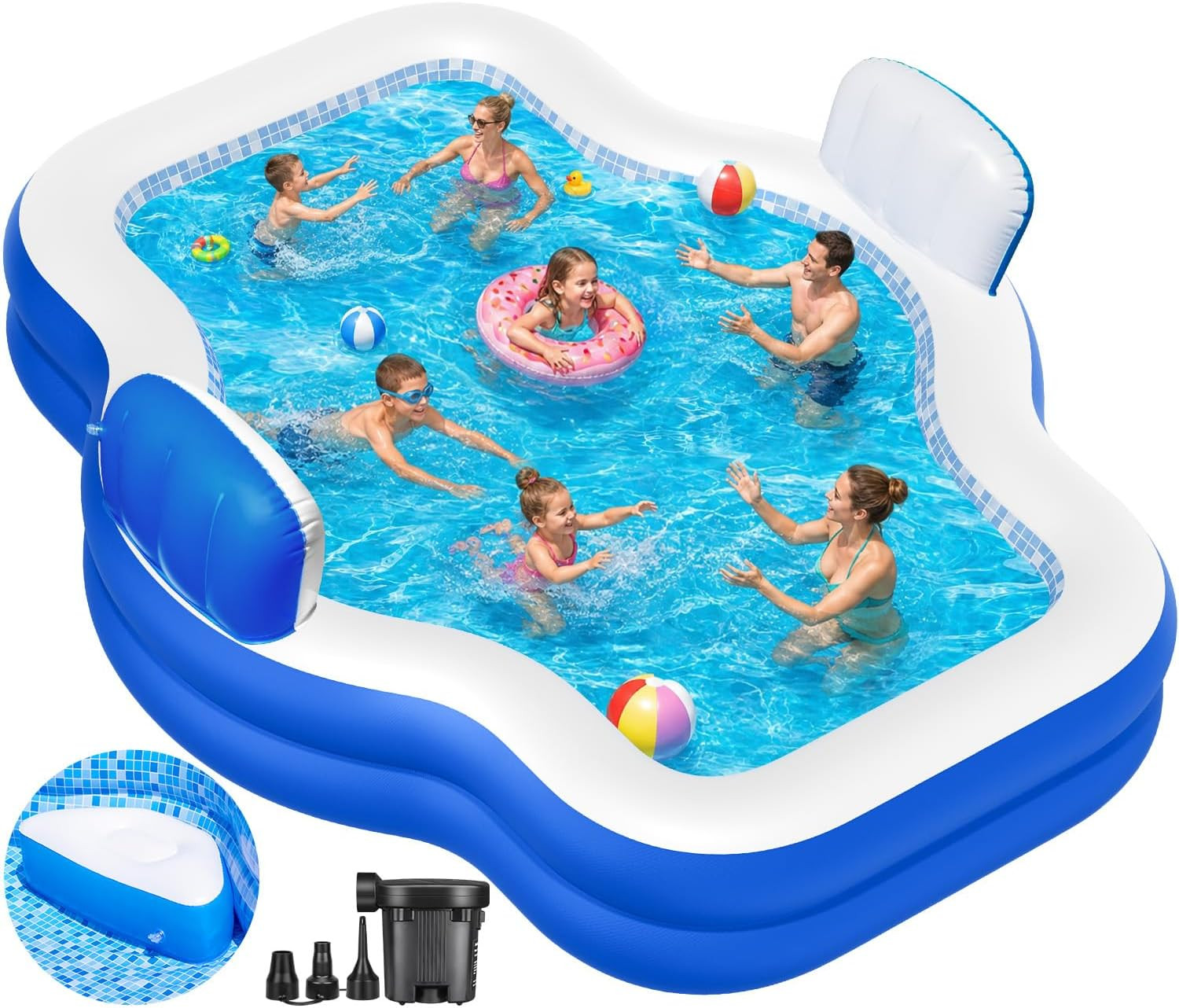 Inflatable Swimming Pool with Seat Pump, 121" X 90" X 22" Blow-Up Pool for Kids gallery