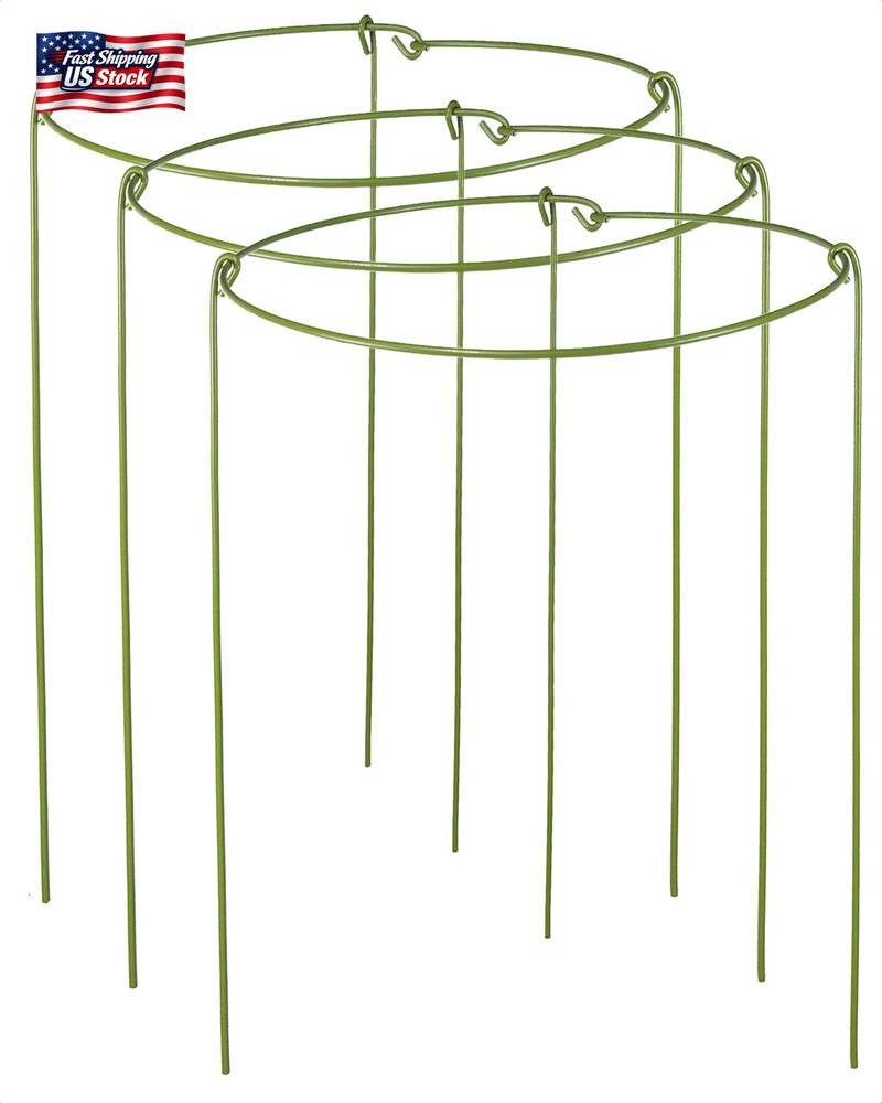 3 Pack Plant Support Stakes, Adjustable Plant Ring Cages with Green Rubber Wrapp