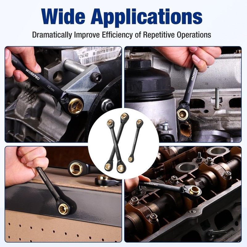 WORKPRO 3PC 4-in-1 Reversible Ratcheting Wrench Set 8-19mm Metric Double Box End gallery