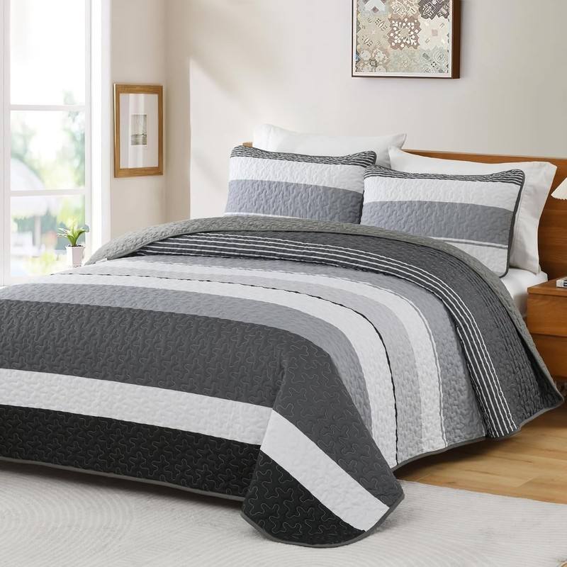 Black and White Boho Quilt Set Queen, Grey Striped Bedspread Queen Size..... gallery