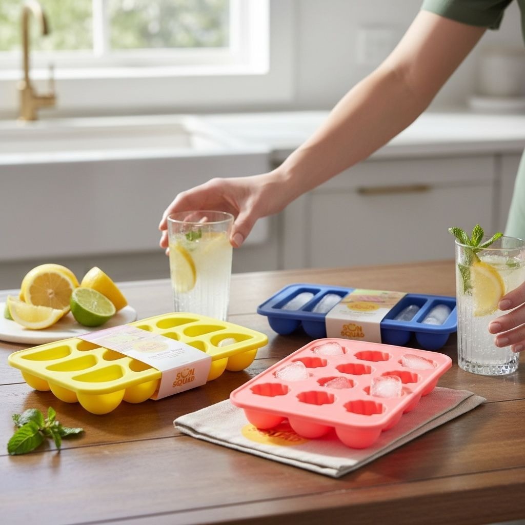 Sun Squad Silicone Ice Cube Trays Set Of 3 - Blue, Yellow & Pink - BPA Free Dish gallery