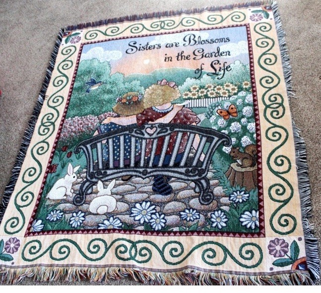 TAPESTRY THROW MULTICOLOR "SISTERS ARE BLOSSOMS IN THE GARDENT" 50 X 57" New