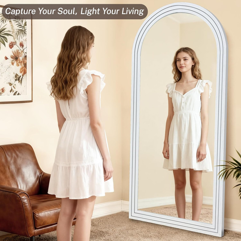 Arched Solid Wood Full Length Mirror 76"x34" - Rustic White Floor & Wall Mount gallery