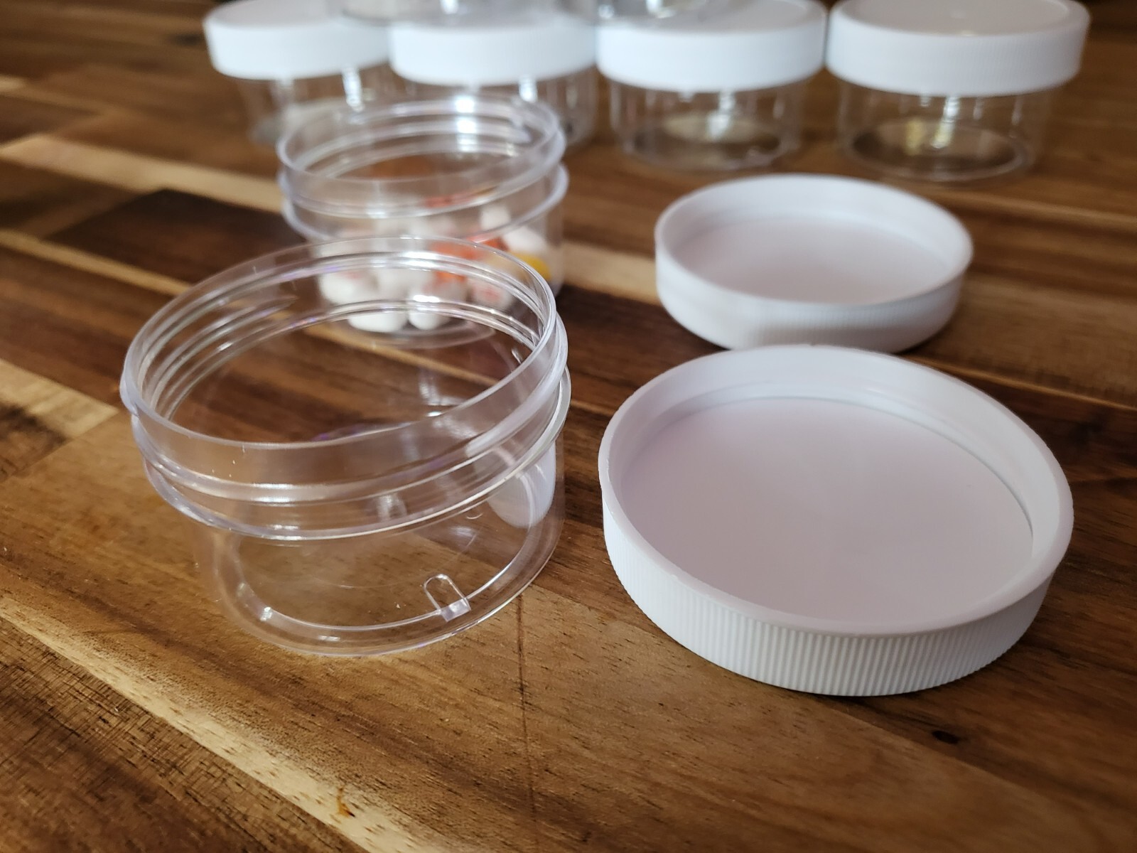SET OF 9 -- 1 oz Small Plastic Containers Screw On Lids 1 7/8 inch inside dia. gallery