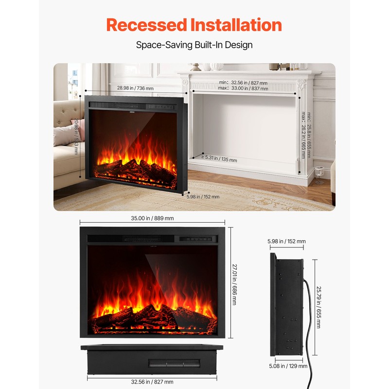 Uimoso35in Electric Fireplace Insert with Wall Mount& Remote Control, 750W/1500W gallery