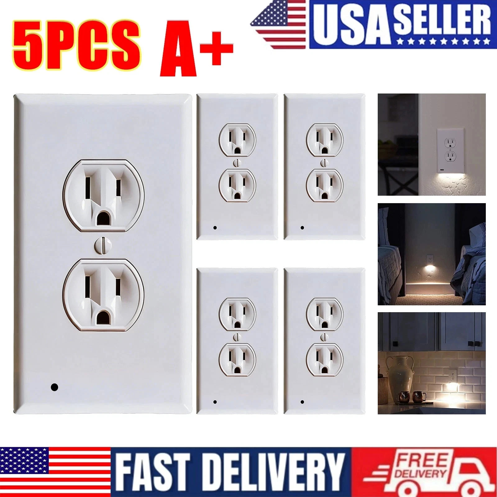 5 Pack Outlet Cover Built-In LED Night Light Bulbs Wall Plate Rounded Receptacle gallery
