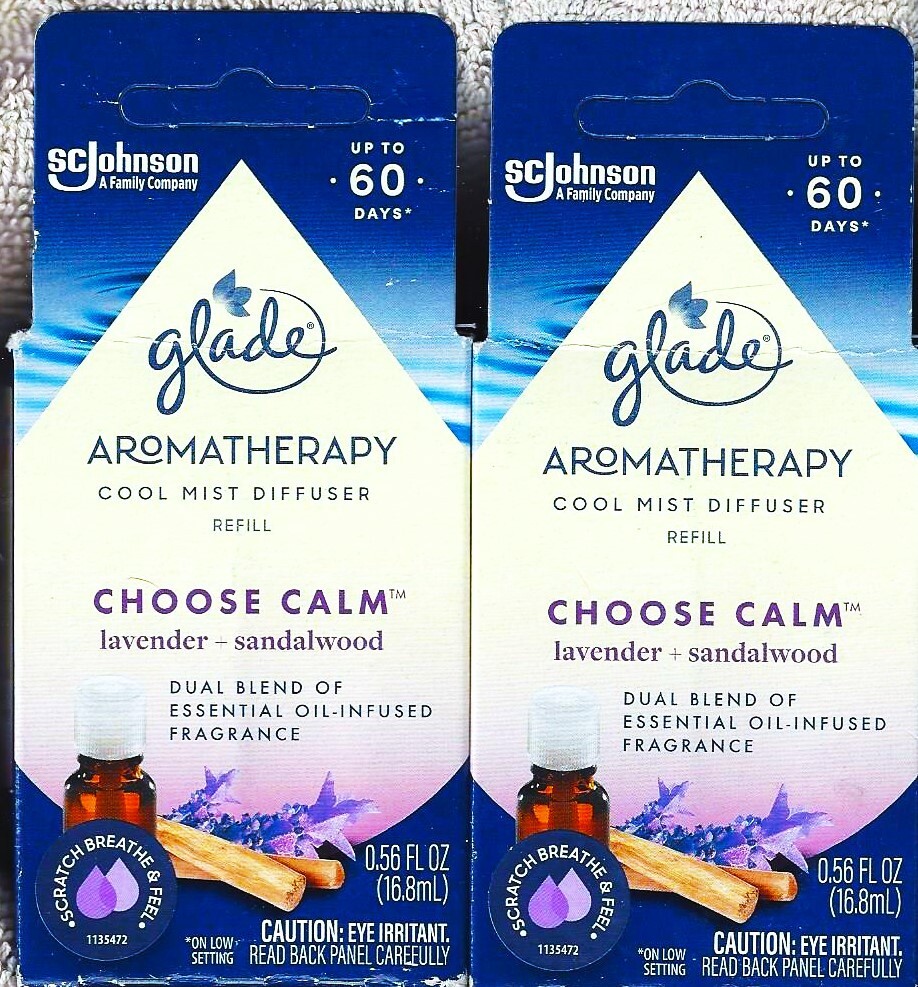 2 ~ GLADE COOL MIST DIFFUSER REFILLS ~ "CHOSE CALM" SCENT: LAVENDER & SANDALWOOD