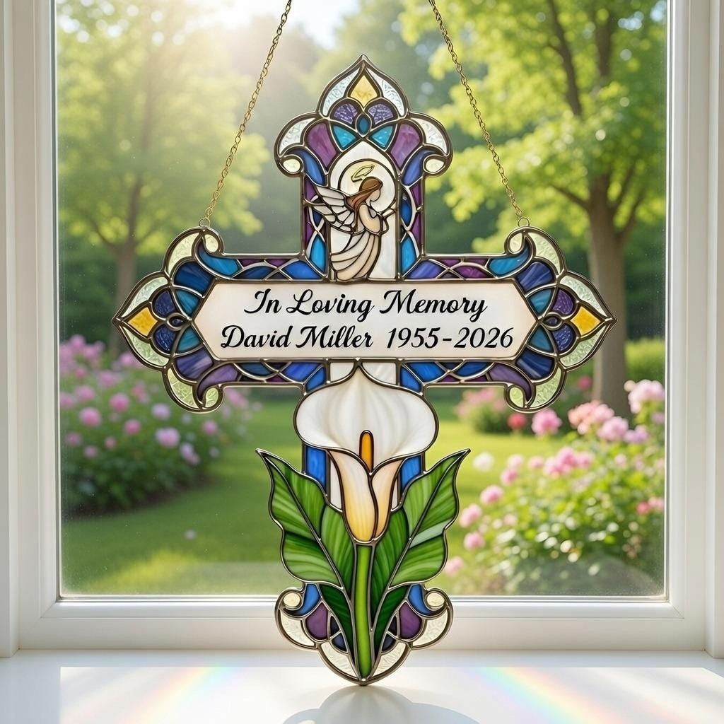 Personalized FAUX Memorial Cross with Calla Lily, Custom In Loving gallery