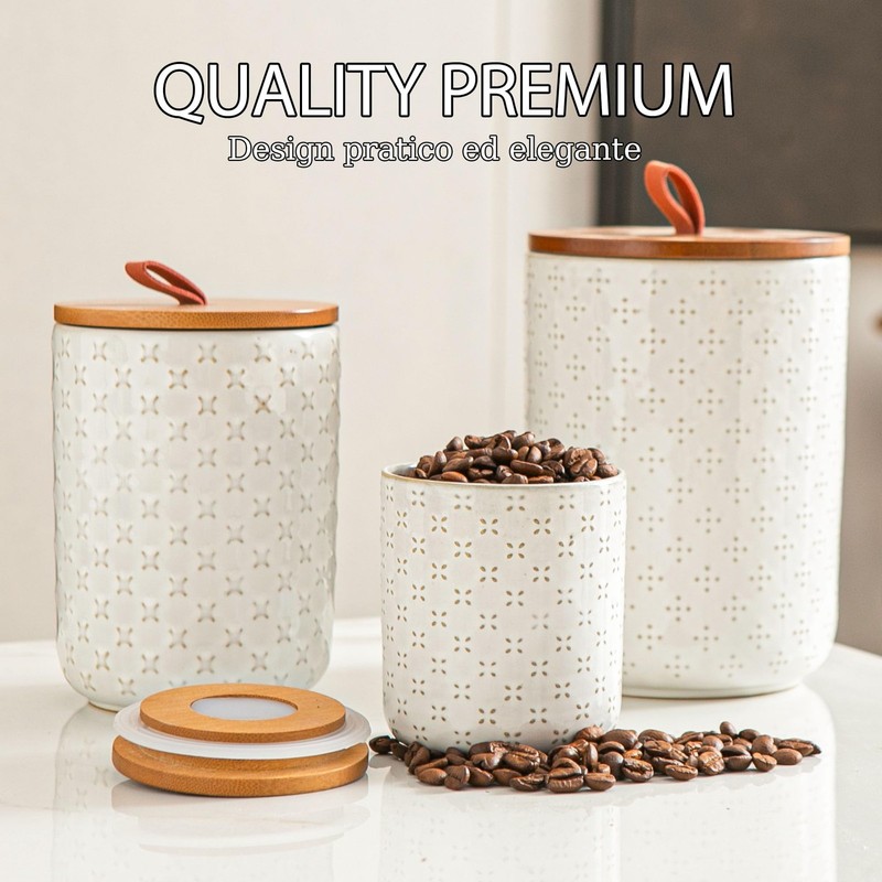JOJUNO 3-Pc White Ceramic Canister Set with Wooden Lids - Airtight Food Storage gallery