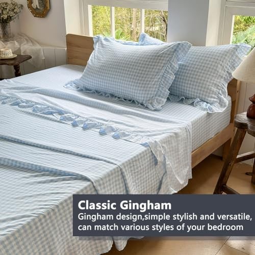 Ruffle Sheet Set, Blue Soft Pre-Washed Microfiber Full Light Blue Gingham gallery