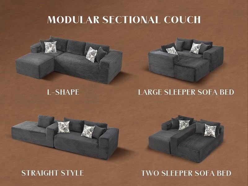 L Shaped Corduroy Cloud Couch Compression Boneless Sofas with 4 Lumbar Pillows gallery