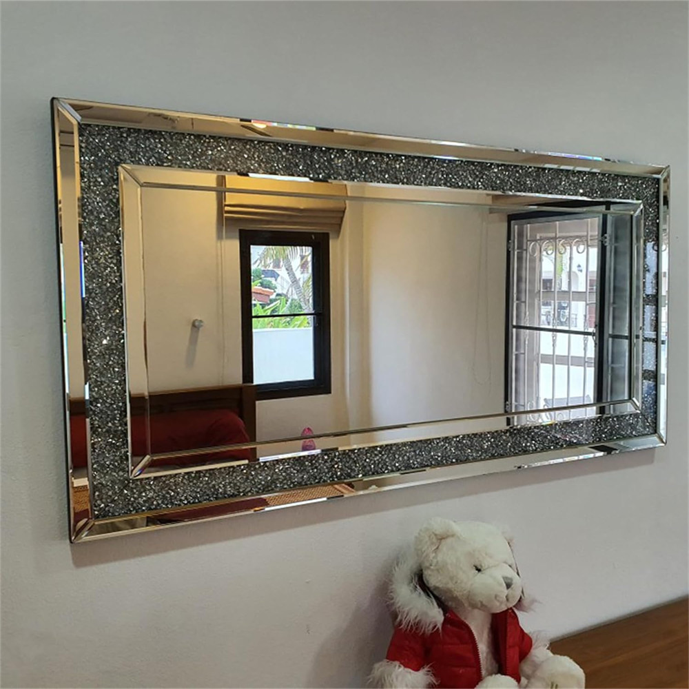 Large Crystal Crush Diamond Rectangle Silver Mirror Wall Hang Frameless Mirror gallery