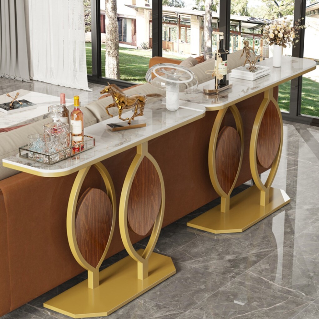 FATIVO Marble Console Table Golden Leaf Shape Pedestal Hallway Table Entryway gallery