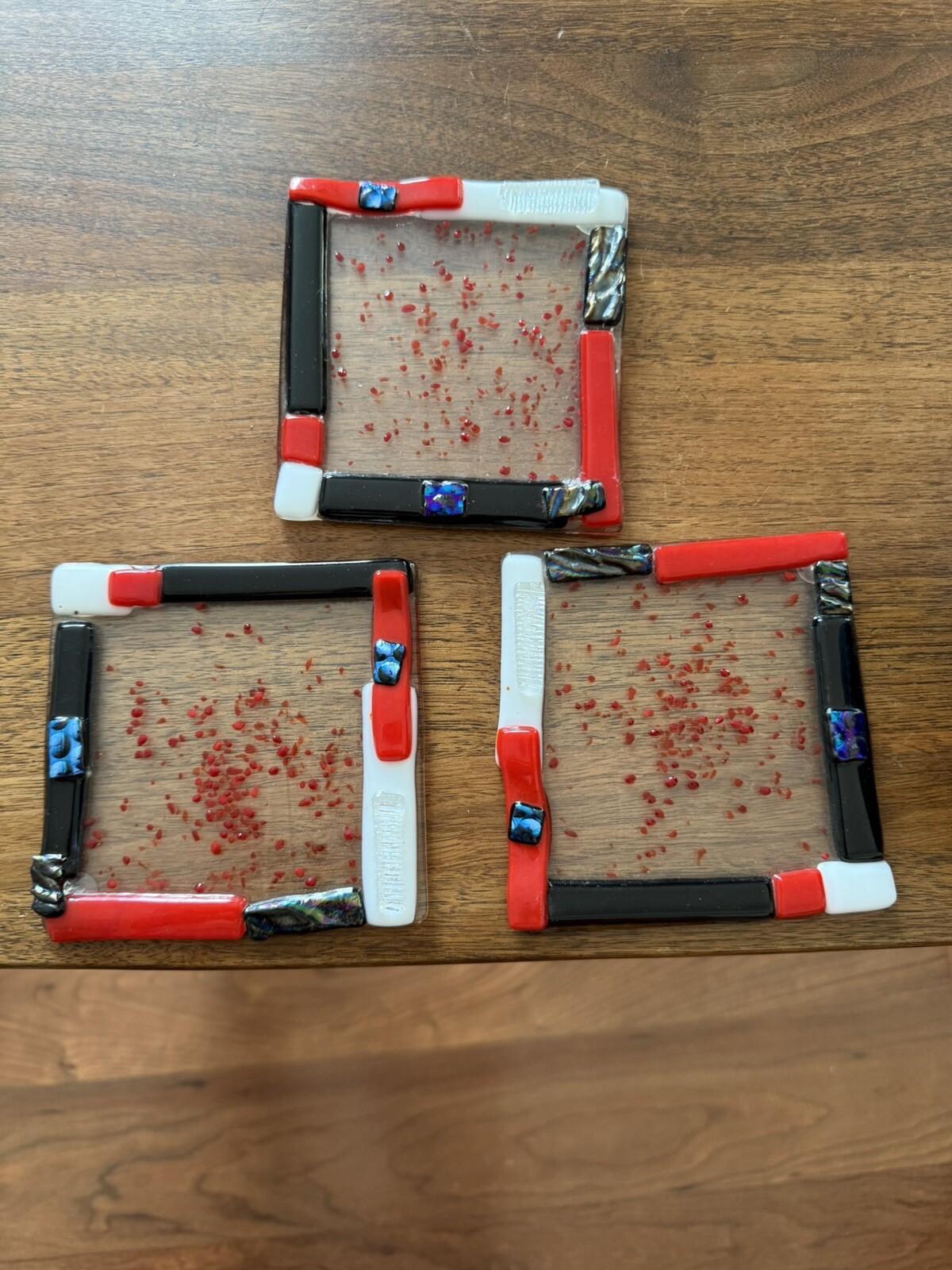 SET 3 - Fused Art Glass Coasters Multicolor Iridescent Black Red White Modern gallery