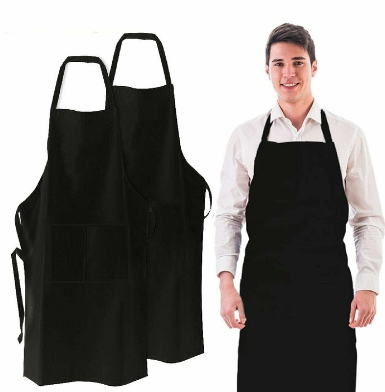 Solid Cooking Kitchen Restaurant Bib Apron Unisex Dress Black with 2 Pocket 1-4 gallery